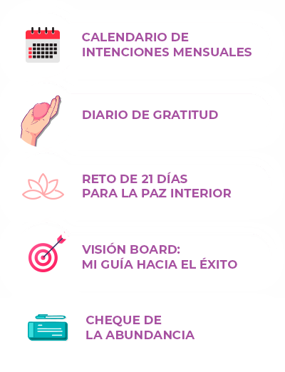 Bonus del libro 10 Herramientas Poderosas para Manifestar Abundancia de Namasnook: incluye calendario de intenciones, diario de gratitud, reto de 21 días, visión board y cheque de la abundancia.