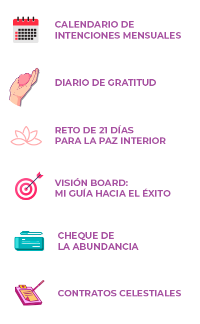 Bonus del libro 10 Herramientas Poderosas para Manifestar Abundancia de Namasnook: incluye calendario de intenciones, diario de gratitud, reto de 21 días, visión board y cheque de la abundancia.