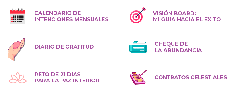 Bonus del libro 10 Herramientas Poderosas para Manifestar Abundancia de Namasnook: incluye calendario de intenciones, diario de gratitud, reto de 21 días, visión board y cheque de la abundancia.
